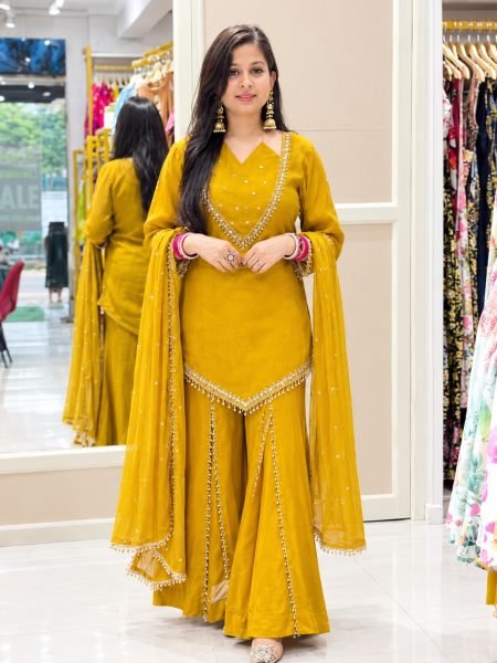 Sustainable Yellow Designer Roman Glass Top Plazzo Dupatta Set for Women 