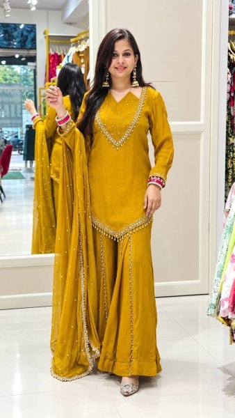 Sustainable Yellow Designer Roman Glass Top Plazzo Dupatta Set for Women Ready To Wear Collection