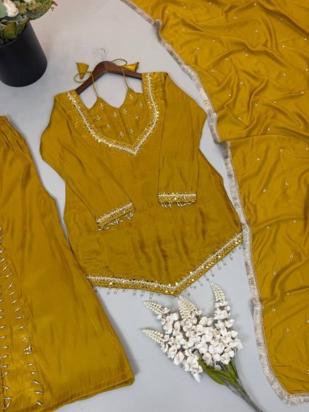 Sustainable Yellow Designer Roman Glass Top Plazzo Dupatta Set for Women Ready To Wear Collection