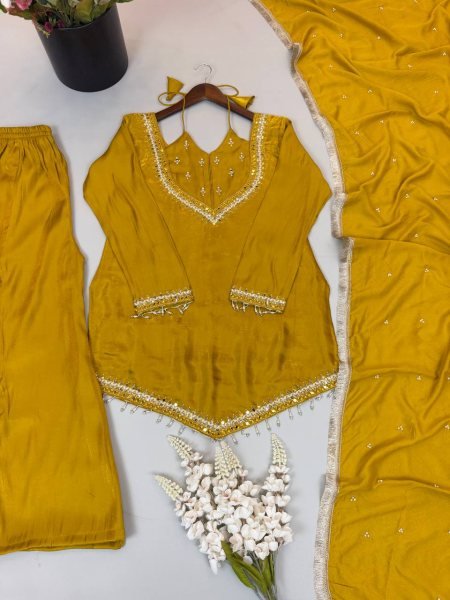 Sustainable Yellow Designer Roman Glass Top Plazzo Dupatta Set for Women Ready To Wear Collection