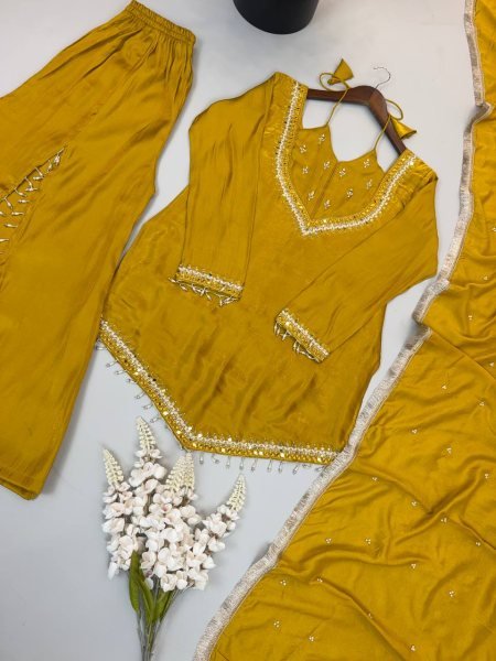 Sustainable Yellow Designer Roman Glass Top Plazzo Dupatta Set for Women Ready To Wear Collection