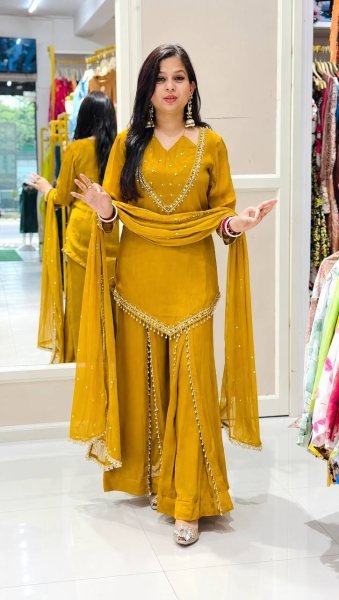 Sustainable Yellow Designer Roman Glass Top Plazzo Dupatta Set for Women Ready To Wear Collection