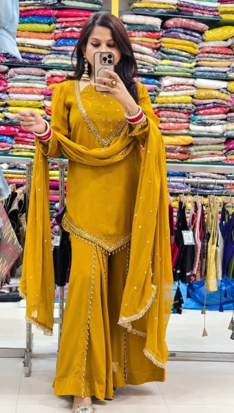 Sustainable Yellow Designer Roman Glass Top Plazzo Dupatta Set for Women Ready To Wear Collection