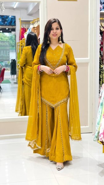 Sustainable Yellow Designer Roman Glass Top Plazzo Dupatta Set for Women Ready To Wear Collection