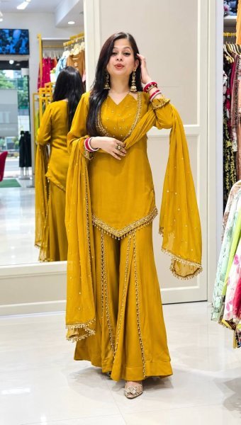 Sustainable Yellow Designer Roman Glass Top Plazzo Dupatta Set for Women Ready To Wear Collection