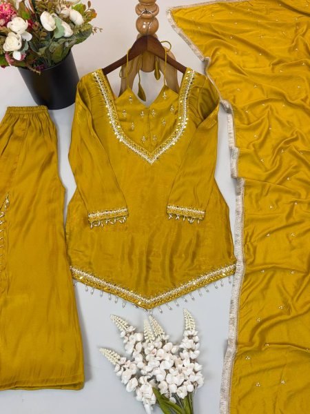 Sustainable Yellow Designer Roman Glass Top Plazzo Dupatta Set for Women Ready To Wear Collection