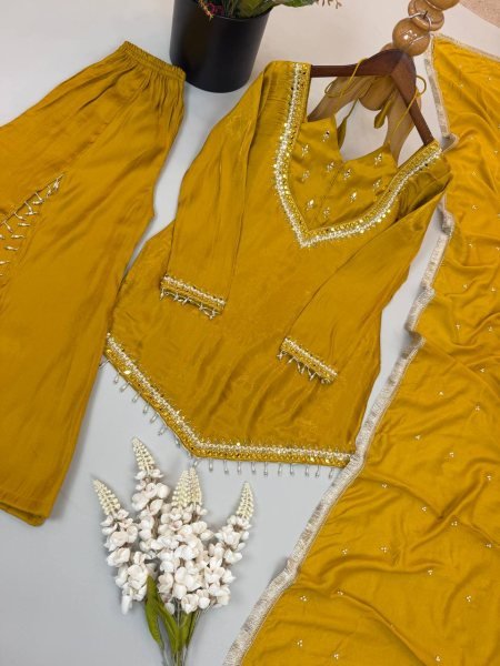 Sustainable Yellow Designer Roman Glass Top Plazzo Dupatta Set for Women Ready To Wear Collection