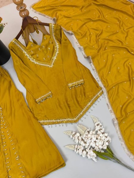 Sustainable Yellow Designer Roman Glass Top Plazzo Dupatta Set for Women Ready To Wear Collection