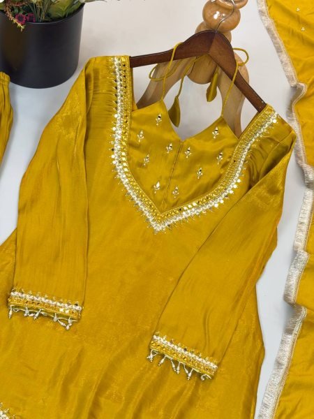 Sustainable Yellow Designer Roman Glass Top Plazzo Dupatta Set for Women Ready To Wear Collection