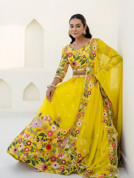 Sustainable Yellow Floral Organza Lehenga Choli with Sequins Embroidery for Wedding Wear   Lehenga