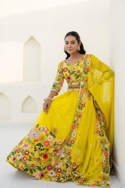 Sustainable Yellow Floral Organza Lehenga Choli with Sequins Embroidery for Wedding Wear  Designer Lehenga Choli