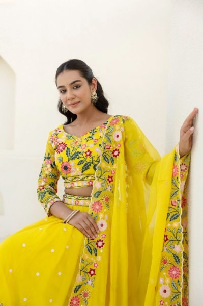Sustainable Yellow Floral Organza Lehenga Choli with Sequins Embroidery for Wedding Wear  Designer Lehenga Choli