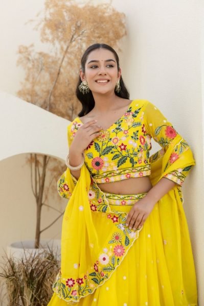 Sustainable Yellow Floral Organza Lehenga Choli with Sequins Embroidery for Wedding Wear  Designer Lehenga Choli