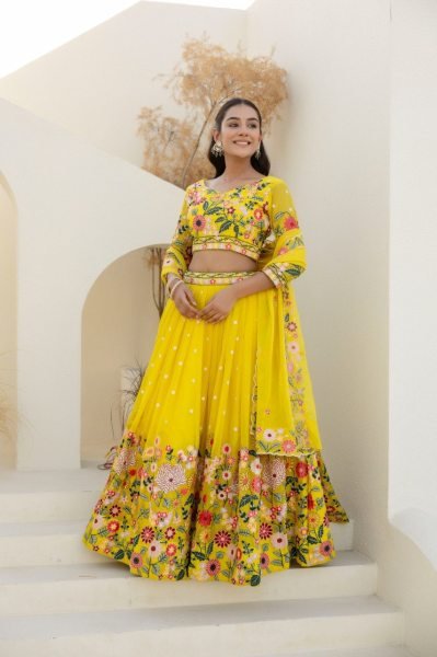 Sustainable Yellow Floral Organza Lehenga Choli with Sequins Embroidery for Wedding Wear  Designer Lehenga Choli