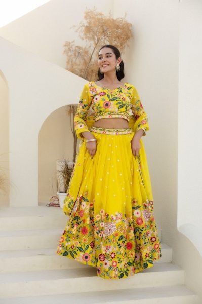 Sustainable Yellow Floral Organza Lehenga Choli with Sequins Embroidery for Wedding Wear  Designer Lehenga Choli