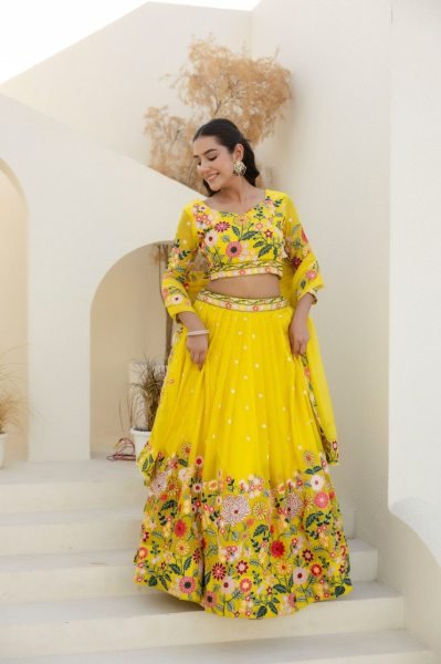 Sustainable Yellow Floral Organza Lehenga Choli with Sequins Embroidery for Wedding Wear  Designer Lehenga Choli