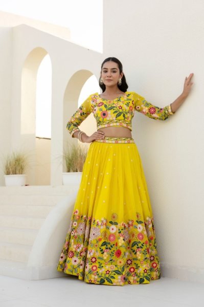 Sustainable Yellow Floral Organza Lehenga Choli with Sequins Embroidery for Wedding Wear  Designer Lehenga Choli