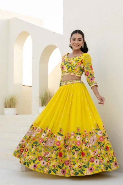 Sustainable Yellow Floral Organza Lehenga Choli with Sequins Embroidery for Wedding Wear  Designer Lehenga Choli