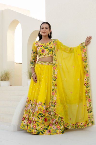 Sustainable Yellow Floral Organza Lehenga Choli with Sequins Embroidery for Wedding Wear  Designer Lehenga Choli