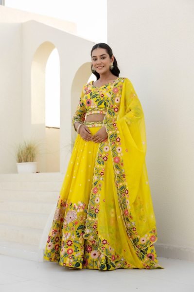 Sustainable Yellow Floral Organza Lehenga Choli with Sequins Embroidery for Wedding Wear  Designer Lehenga Choli