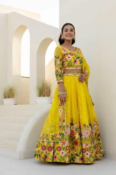 Sustainable Yellow Floral Organza Lehenga Choli with Sequins Embroidery for Wedding Wear  Designer Lehenga Choli