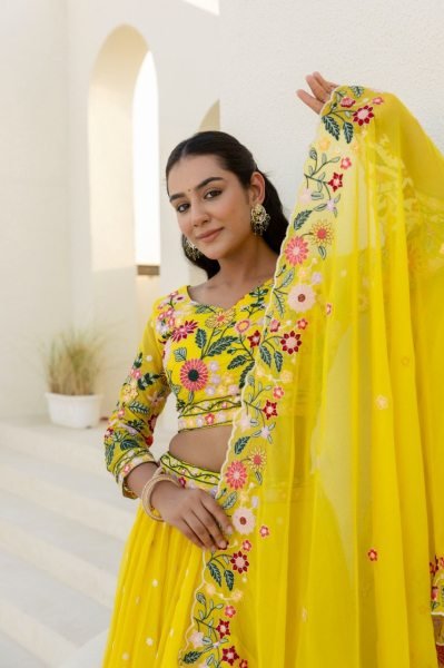 Sustainable Yellow Floral Organza Lehenga Choli with Sequins Embroidery for Wedding Wear  Designer Lehenga Choli