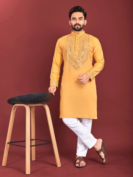 Sustainable Yellow Soft Silk Men s Kurta with Real Mirror Handwork on Neck and Sleeves 