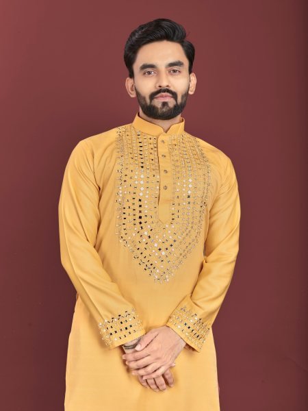 Sustainable Yellow Soft Silk Men s Kurta with Real Mirror Handwork on Neck and Sleeves Kurta Pajama Wholesale