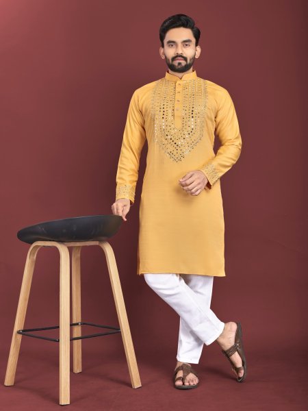 Sustainable Yellow Soft Silk Men s Kurta with Real Mirror Handwork on Neck and Sleeves Kurta Pajama Wholesale