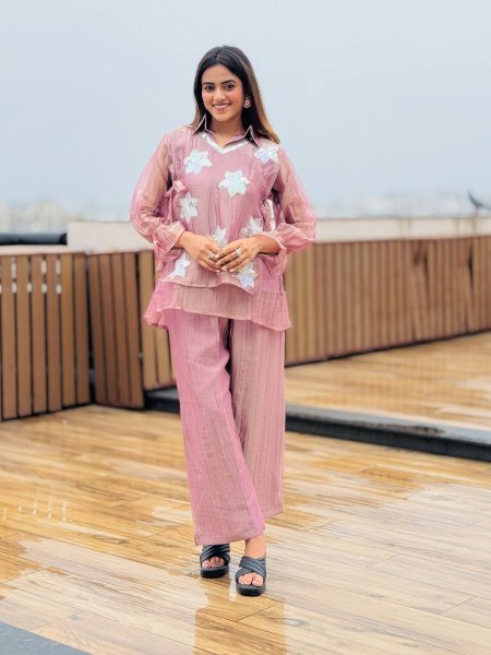 Tailored Baby Pink Designer Rich Salsa Palazzo Co Ord Set for Festival Wear 