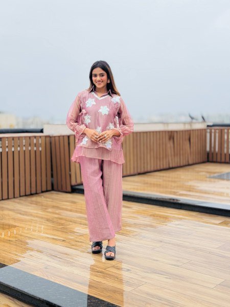 Tailored Baby Pink Designer Rich Salsa Palazzo Co Ord Set for Festival Wear CO ORD Sets