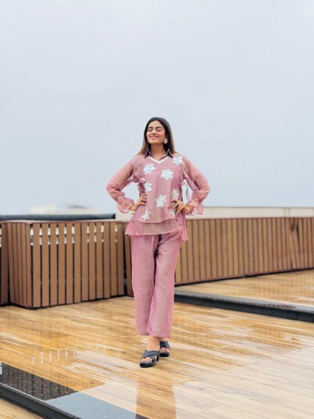 Tailored Baby Pink Designer Rich Salsa Palazzo Co Ord Set for Festival Wear CO ORD Sets