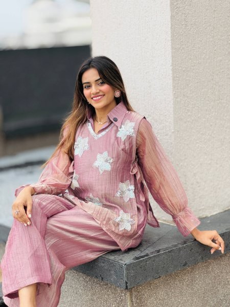 Tailored Baby Pink Designer Rich Salsa Palazzo Co Ord Set for Festival Wear CO ORD Sets