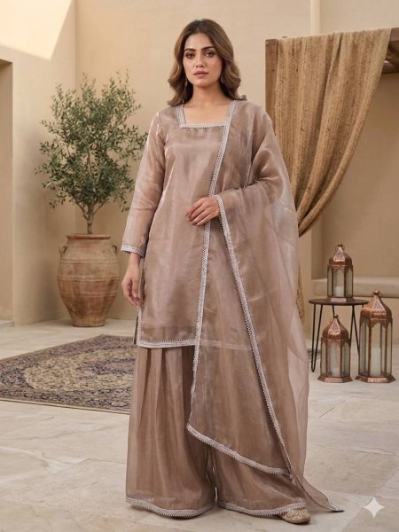 Tailored Beige Heavy GMY Silk Palazzo Suit with Fancy Lace Dupatta Ready To Wear Suit
