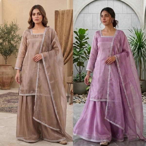 Tailored Beige Heavy GMY Silk Palazzo Suit with Fancy Lace Dupatta Ready To Wear Collection