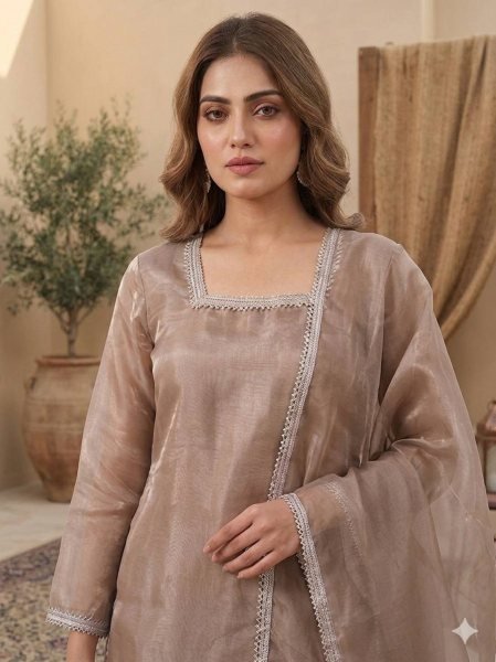 Tailored Beige Heavy GMY Silk Palazzo Suit with Fancy Lace Dupatta Ready To Wear Collection