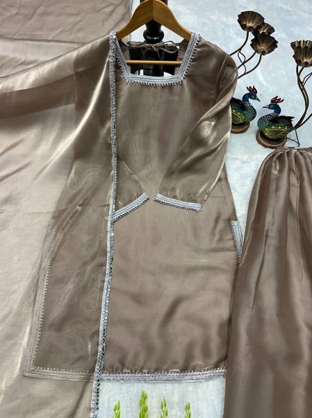 Tailored Beige Heavy GMY Silk Palazzo Suit with Fancy Lace Dupatta Ready To Wear Collection