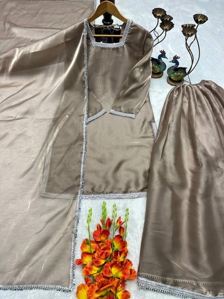 Tailored Beige Heavy GMY Silk Palazzo Suit with Fancy Lace Dupatta Ready To Wear Collection