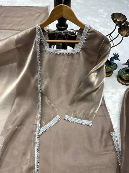 Tailored Beige Heavy GMY Silk Palazzo Suit with Fancy Lace Dupatta Ready To Wear Collection