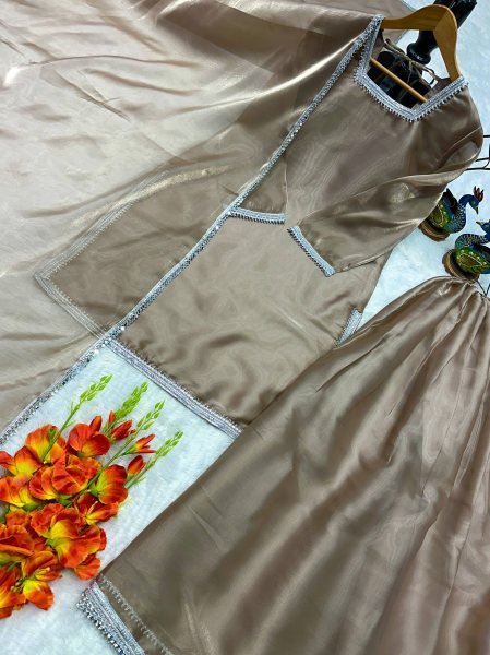 Tailored Beige Heavy GMY Silk Palazzo Suit with Fancy Lace Dupatta Ready To Wear Collection