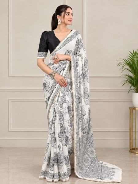 Tailored Black Fancy Moti Lace Border Georgette Silk Saree with Blouse for Festival  