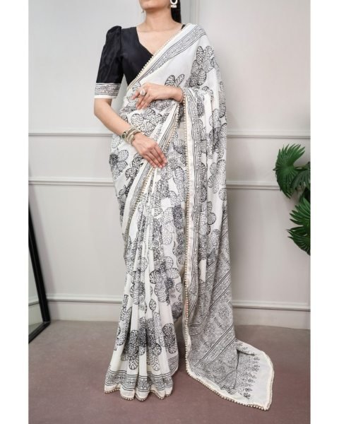 Tailored Black Fancy Moti Lace Border Georgette Silk Saree with Blouse for Festival  Silk Sarees Wholesale