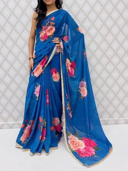 Tailored Blue Designer Saree with Golden Sequins Work for Women Sarees 