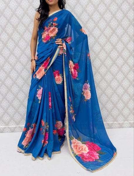 Tailored Blue Designer Saree with Golden Sequins Work for Women Printed Cotton Sarees Wholesale