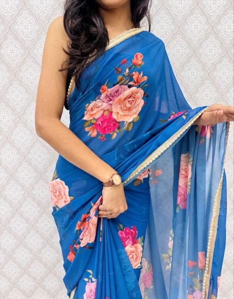 Tailored Blue Designer Saree with Golden Sequins Work for Women Printed Cotton Sarees Wholesale