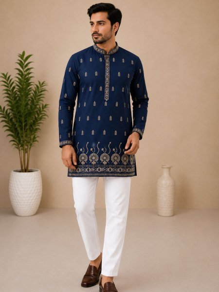 Tailored Blue Rayon Cotton Short Kurta for Men with Premium Embroidery Work Mens Wear
