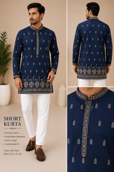Tailored Blue Rayon Cotton Short Kurta for Men with Premium Embroidery Work Mens Short Kurta