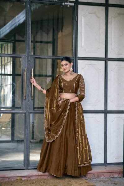 Tailored Coffee Premium Fendi Lehenga with Sequins Embroidery at Manufacturer Rate Designer Lehenga Choli