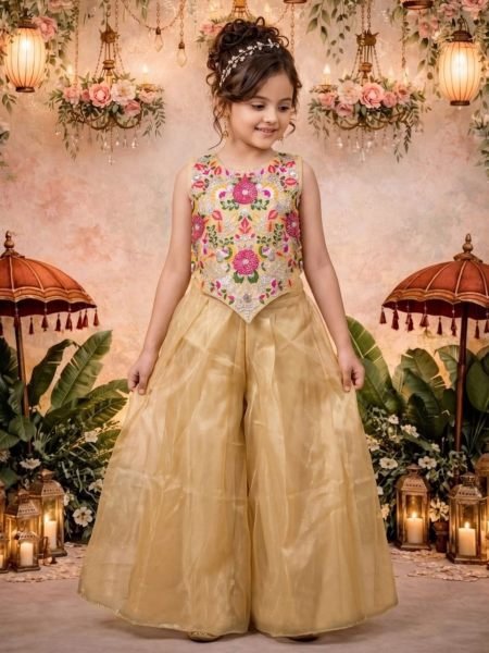 Tailored Cream Premium Kids Twill Net Kurta Sharara Set for Girls 