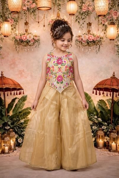 Tailored Cream Premium Kids Twill Net Kurta Sharara Set for Girls Girls Wear